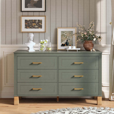 6-Drawer Double Dresser, Modern Wooden Storage Cabinet With Metal Handles & Solid Wood Legs