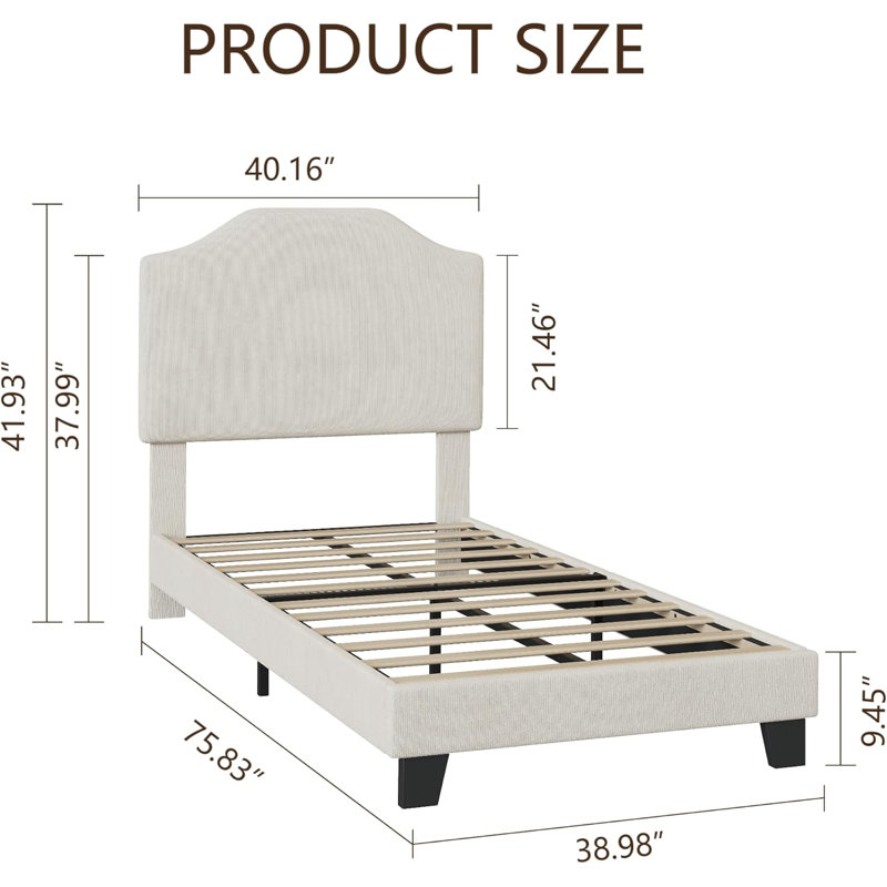 Kids Twin Bed Frame with Adjustable Headboard, Corduroy Upholstered Bed, Mattress Foundation, Wooden Slats Support, No Box Spring Needed