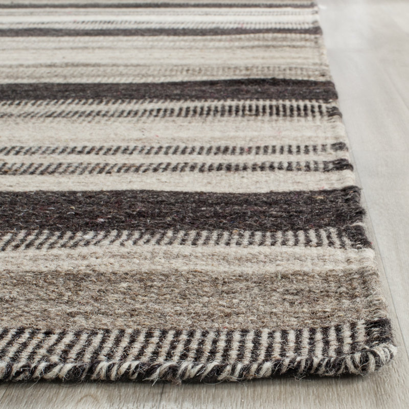 Rodgers Hand Woven Flat Weave H. S. Wool/Cotton Striped Rug in Black/Beige/Brown, Rectangle 8' x 10'