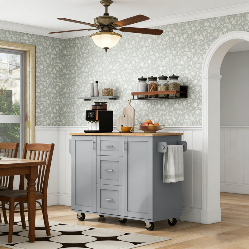 Rolling Kitchen Island with Storage, Rubber Wood Top, 3 Drawers, Slide-Out Shelves, and Internal Racks for Organized Cooking Spaces.