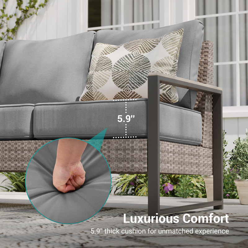 3 Pieces PE Rattan Patio Set, 3-Seater Sofa With Thick Cushions and Sturdy Frame, Gray
