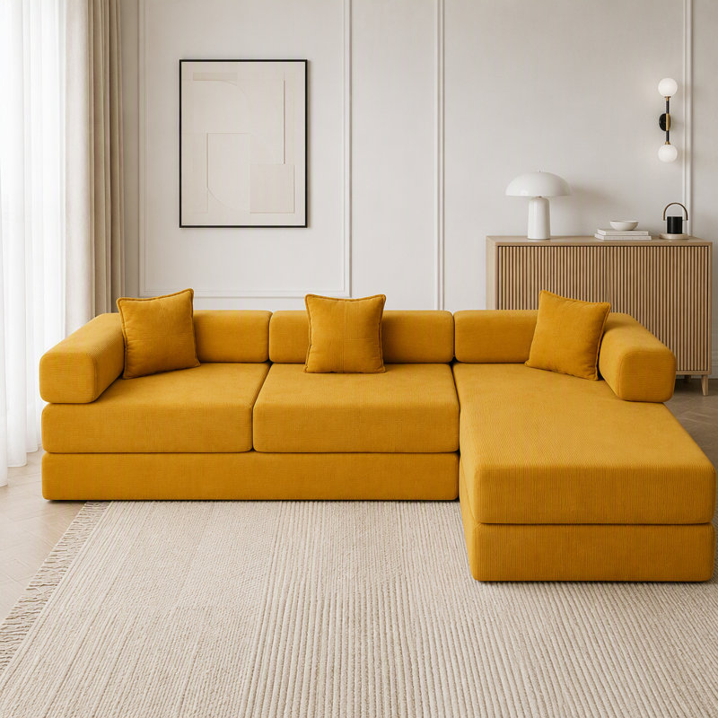 Canapé modulaire en velours côtelé modulaire avec méridienne en L, sans assemblage, Yellow