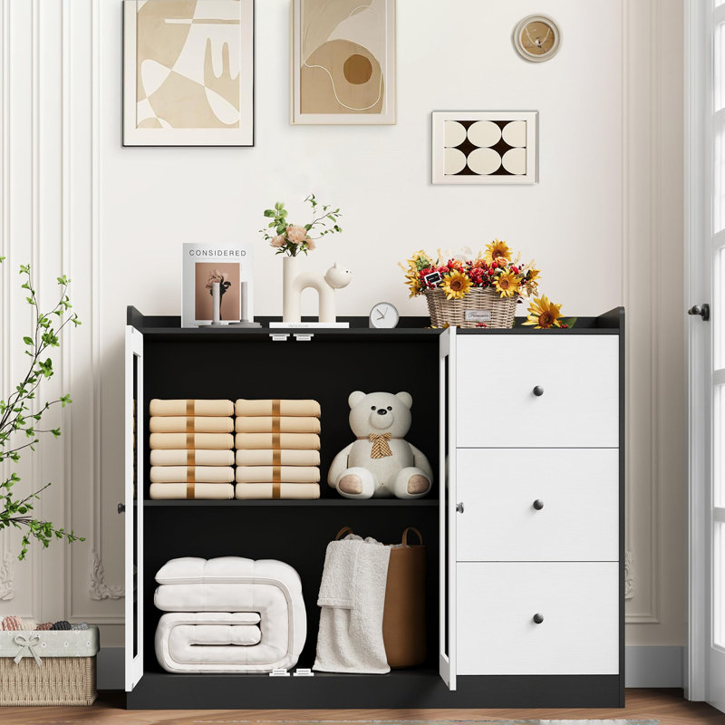 Storage Cabinet With Glass Doors And Shelves, 43" Coffee Bar Cabinet With 3 Drawers,Sideboard Buffet Cabinet With Storage,Buffet Table For Kitchen, Entryway, Bedroom, Living Room