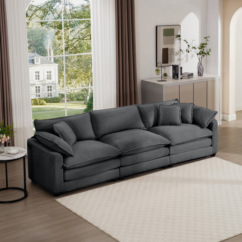 Canapé Bequette, Velours côtelé gris, 3, H 34 po x l 114,5 po x P 34,5 po