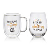 Novelty Double-Wall Coffee Mug & Stemless Wine Glass Set