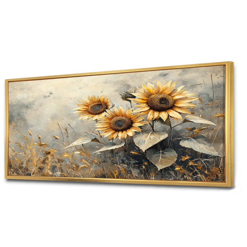 Hiver tournesols champs dans la campagne III - tournesols grand art mural, H 28 po x l 60 po, Impression encadrée flottante