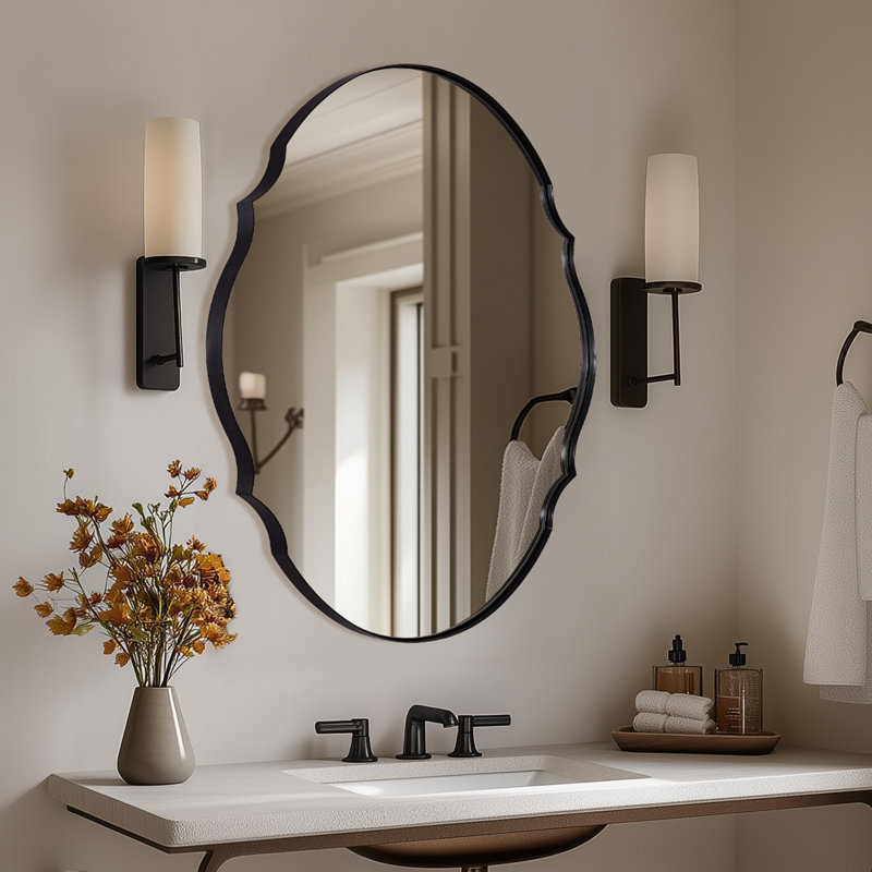 Miroir de salle de bain ovale contemporain Cadre en acier inoxydable, 30 po x 22 po, Noir mat