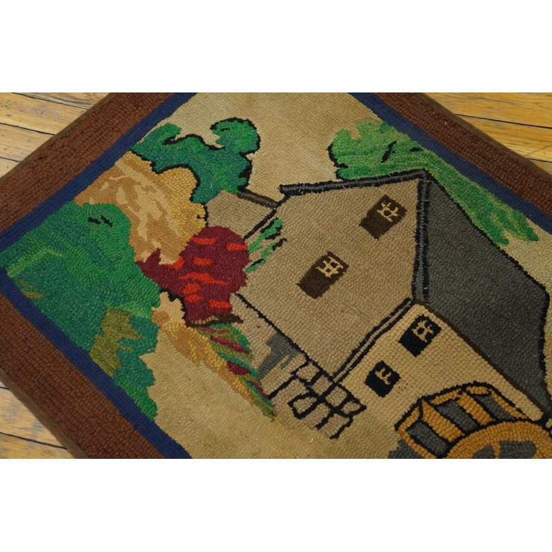 Small Antique Scenic Pictorial Folk Art Landscape Farm House Design American Hooked Rug
