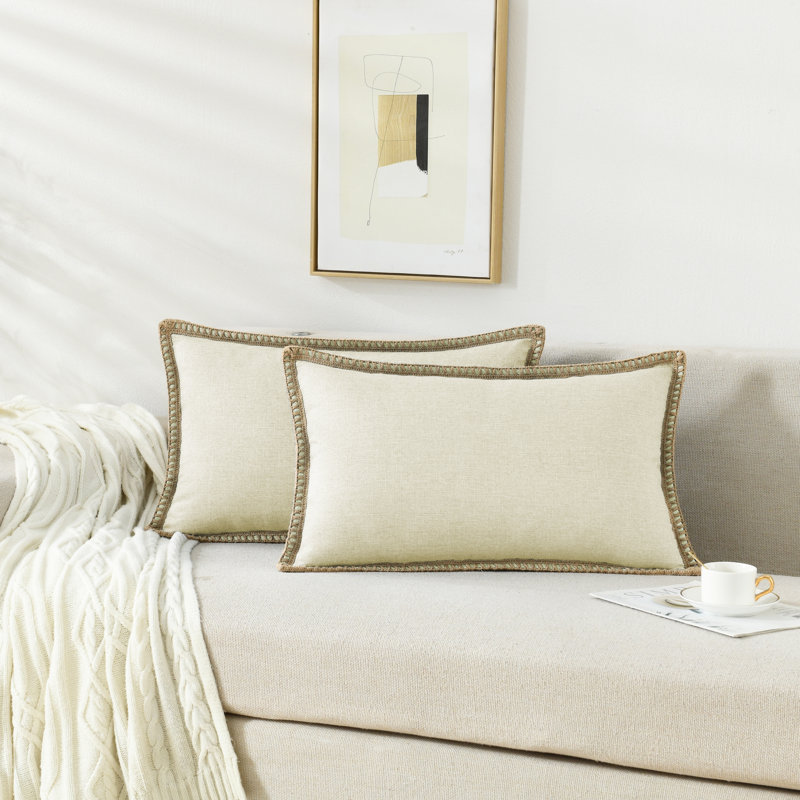 Housse de coussin en lin et polyester Farmhouse, H 14 po x l 24 po, Beige, Forme rectangulaire