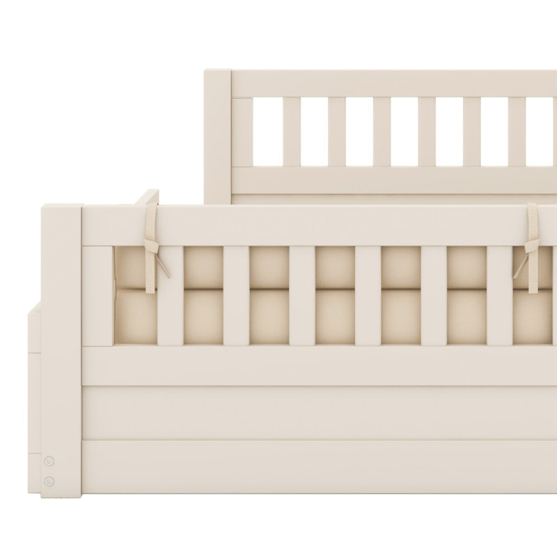 Lit plateforme tapissier avec garde-corps et coussin, Beige