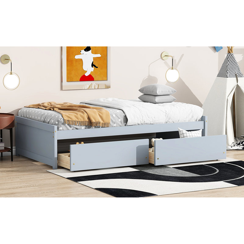 Lit simple gris, bois d'hévéa massif, 2 tiroirs, roulettes de rangement pour accessoires et vêtements, mobilier peu encombrant