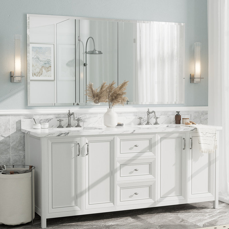 Miroir mural de salle de bain sans cadre à  bords biseautés en verre trempé, à  fixation par rainure française, 72 po x 36 po
