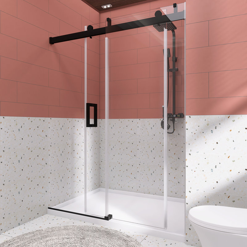 Porte de douche coulissante sans cadre avec verre trempé l 72 po x H 76 po, Noir mat