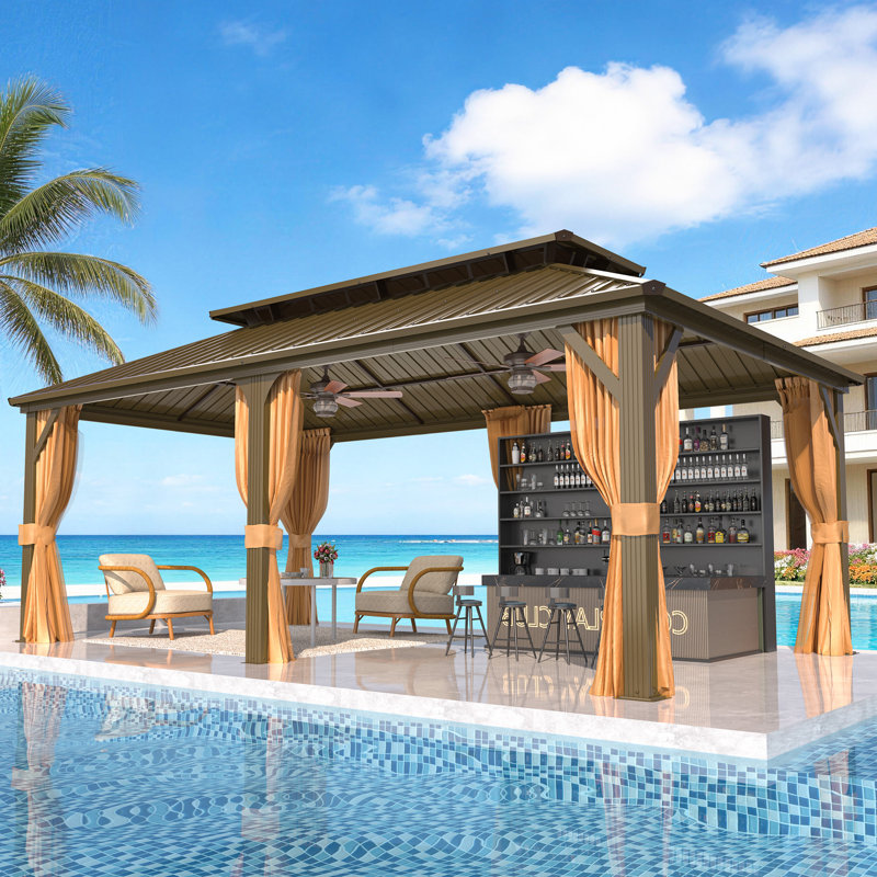 12x20ft Hardtop Gazebo, Double Roof Patio Gazebo with Netting & Curtains, Permanent Outdoor Pavilion, 12 x 20 FT