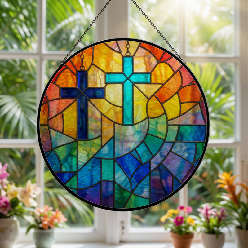 7.8"H Cross Light Stained Glass Window Panel, 7.8" H x 7.8" W