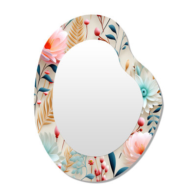 Pastel Bohemian Ferns Pattern III - Floral Asymmetrical Decorative Wall Mirror, Pink Irregular Shape Large Mirror, Printed Metal Art