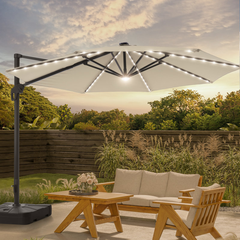 Moriceau 132'' Lighted Cantilever Umbrella with Crank Lift , Counter Weights Included, Sand