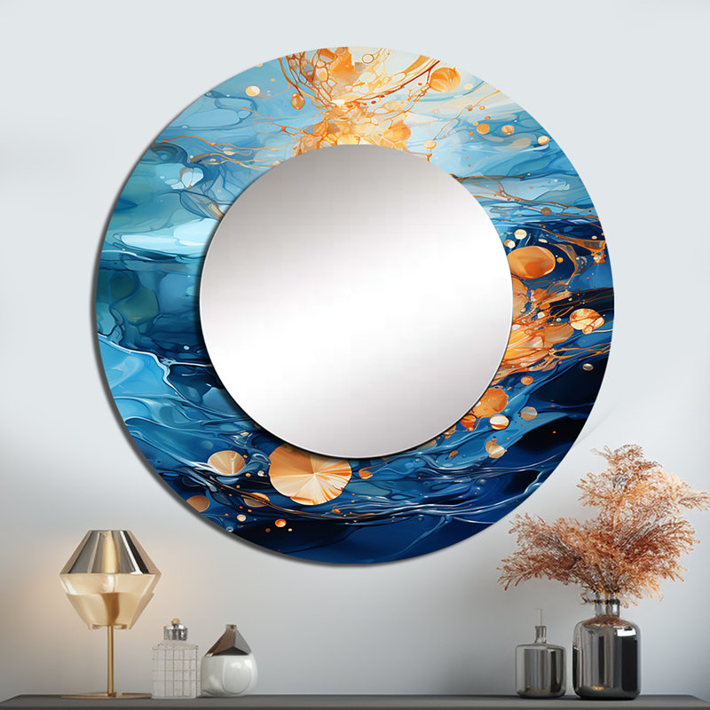 Bleu et doré abstrait River Reflections - miroir de rivière, miroir mural décoratif bleu, impression d'art en métal, Round