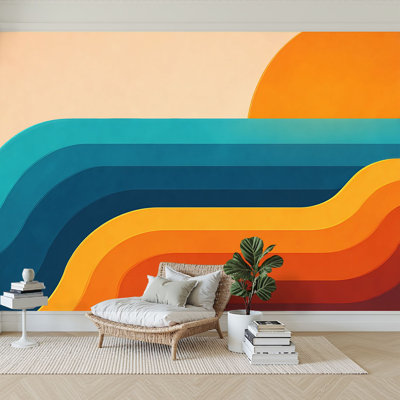 Peel and Stick Wallpaper 96" W x 69" H Modern Self Adhesive Wall Mural for Bedroom Retro 70s sunset abstract rainbow stripe wave groovy