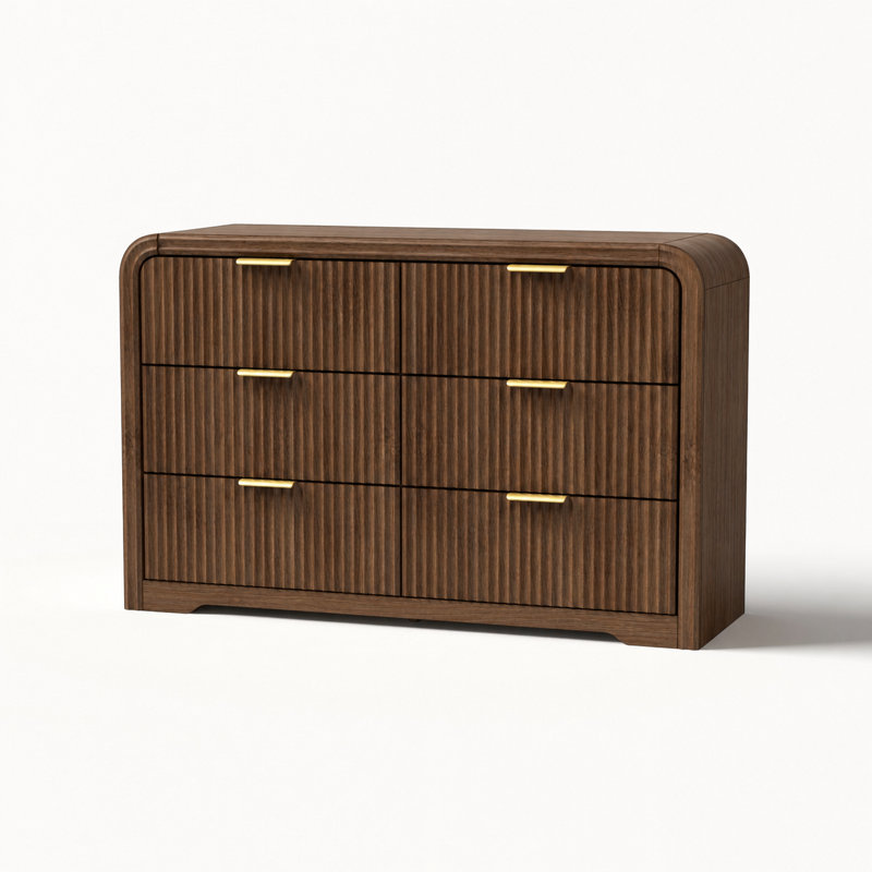 Commode en bois cannelée à 6 tiroirs Monténégro avec quincaillerie dorée, Bois de noyer