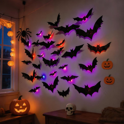 Lot de 36 décorations murales chauves-souris d'Halloween avec lumières DEL, autocollants chauves-souris 3D pliables, décorations chauves-souris en PVC noir pour murs, fenêtres, portes, miroirs et décoration de fête d'Halloween
