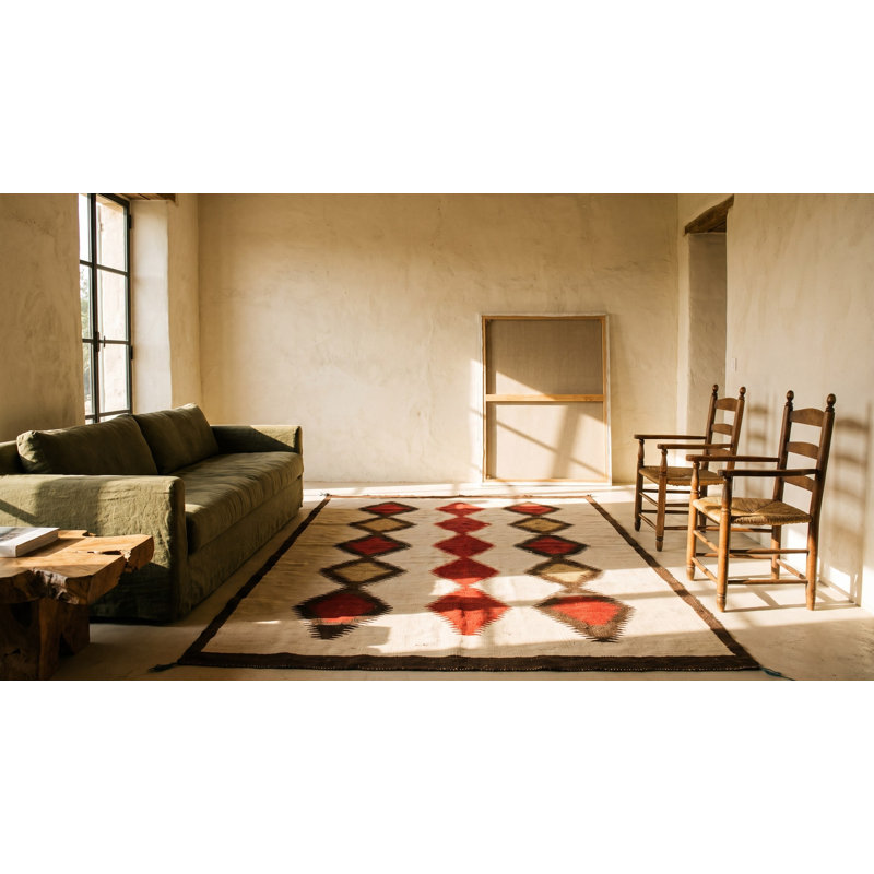Rectangle Ivory Beige Cream White Allover Geometric 1930s Wool Flat Weave Antique Rug
