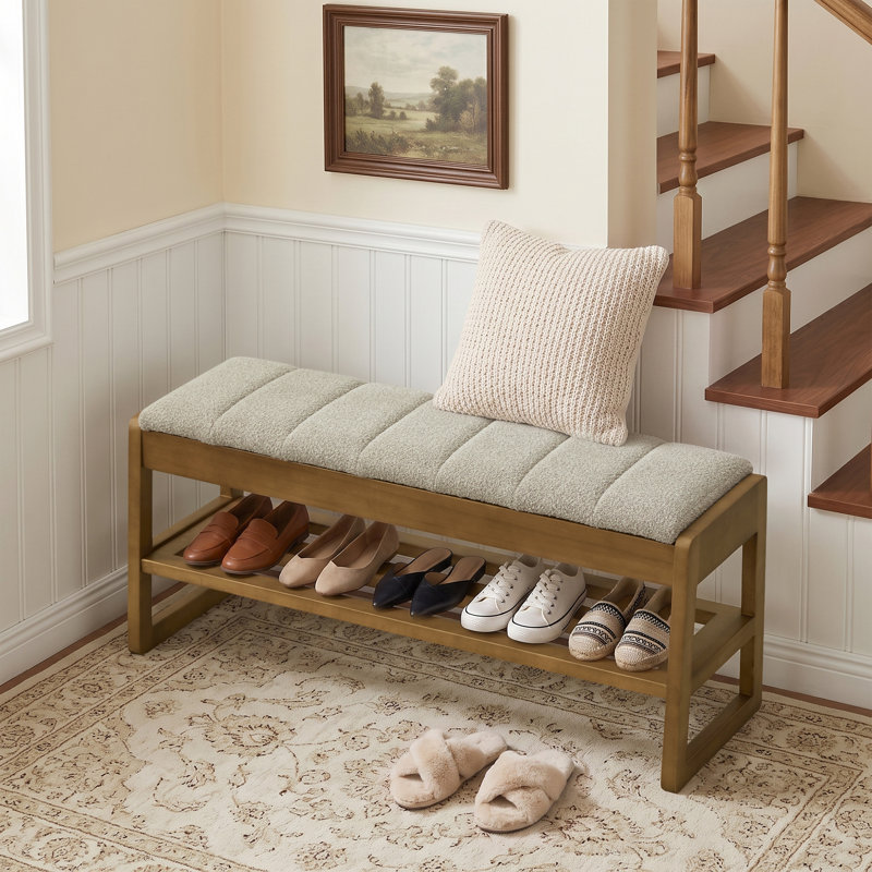 Banc à chaussures rembourré avec coffre de rangement à couvercle rabattable, H 17,9 po x l 39,3 po x P 13,4 po, Brun