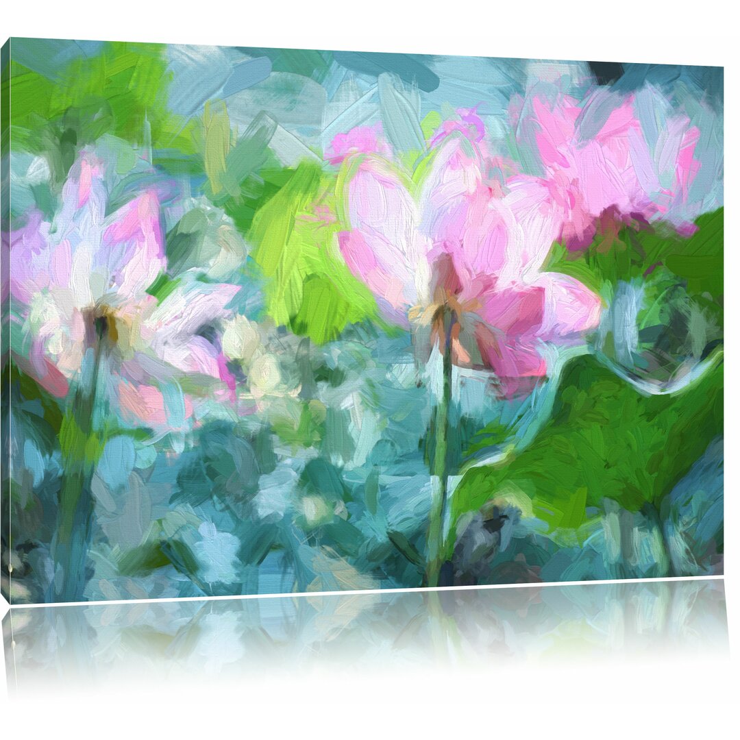 Leinwandbild "Asiatische rosa Lotusblüte im Teich", Grafikdruck