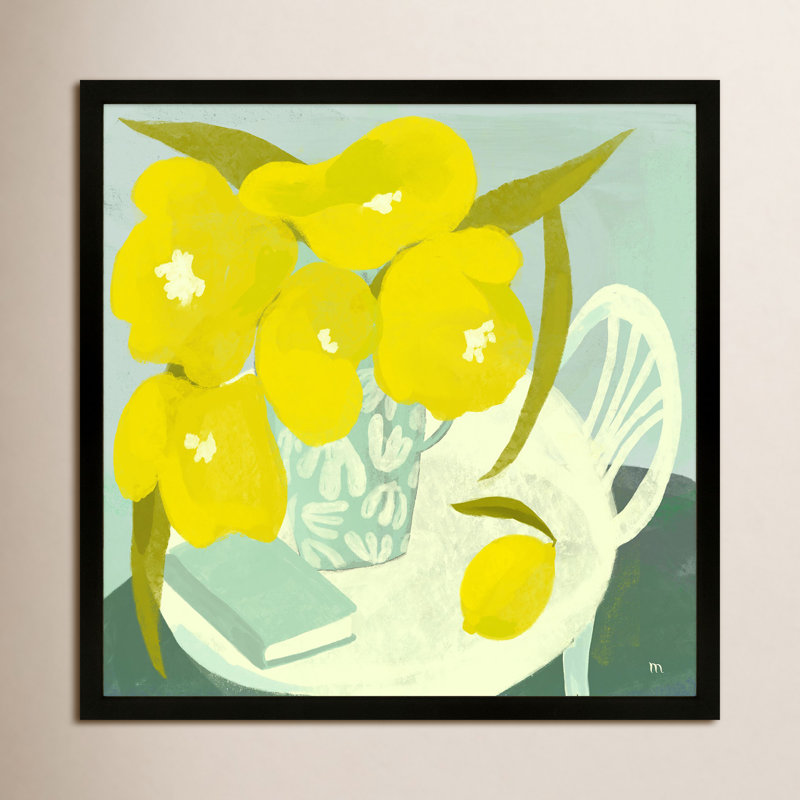 Yellow Flowers And Lemon Painting by StudioM, 16" H x 16" W x 1.25" D, Black Framed