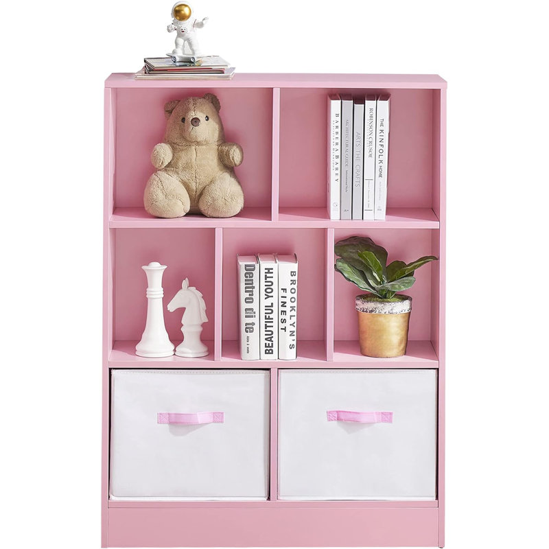 Amaiah 3-Tier Storage Bookcase, 7 Cube Open Shelves with Fabric Drawers, Wood Display Cabinet