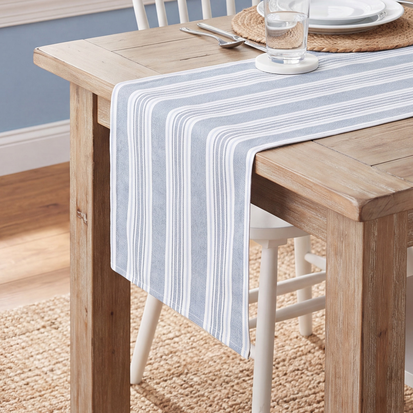 Woven Striped Table Runnner, Blue/White, 18" W x 108" L