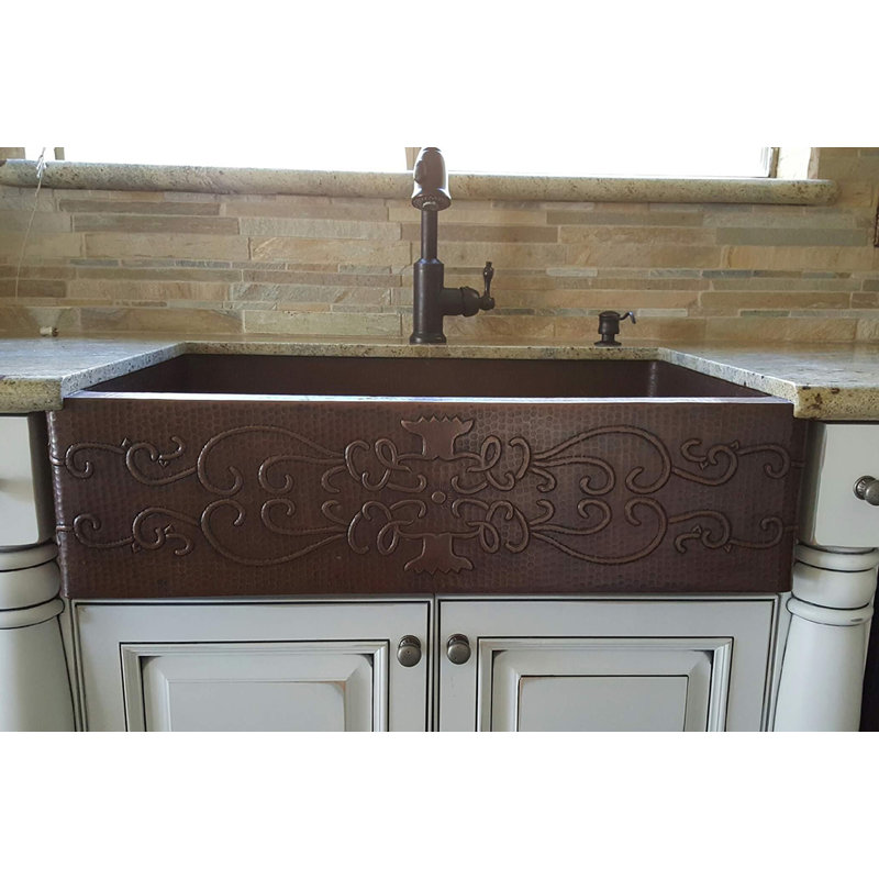 33" Hammered Copper Apron Front Single Basin Kitchen Sink w/ Scroll Design