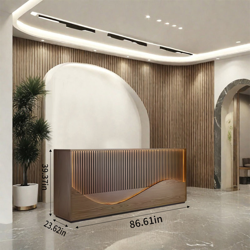 Vintage Rectangular Front Desk with LED Light Strip and Versatile Storage Solutions