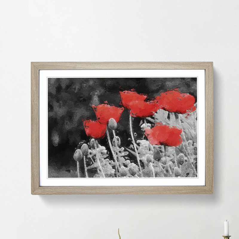 Red Poppy Field in Abstract - Picture Frame Painting Print, 48cm H x 65cm W x 2cm D, Oak Framed
