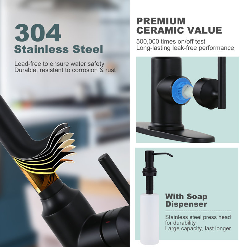 Robinet de cuisine rétractable à poignée simple avec distributeur de savon et accessoires, Noir mat