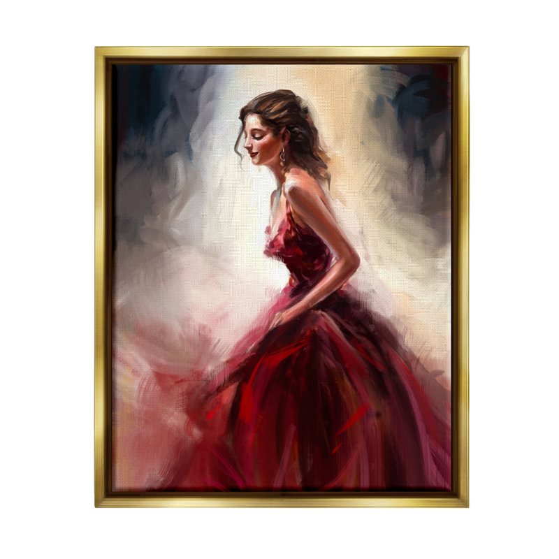 Robe femme élégante rouge par Ziwei Li, 31" H x 25" W x 1.7" D, Cadre flottant métallique doré
