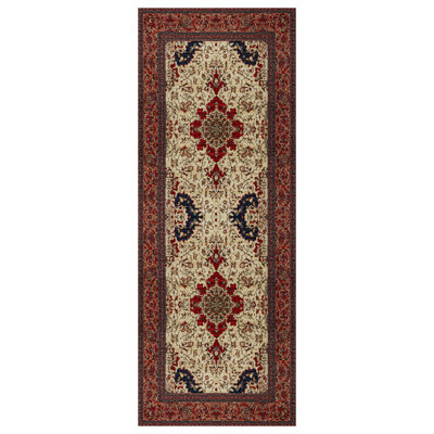 Tapis oriental en chenille de coton à imprimé machine beige / brun / bourgogne Guria