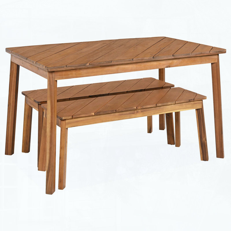3-Piece Diagonal-Grained Acacia Wood Table & Bench Dining Set