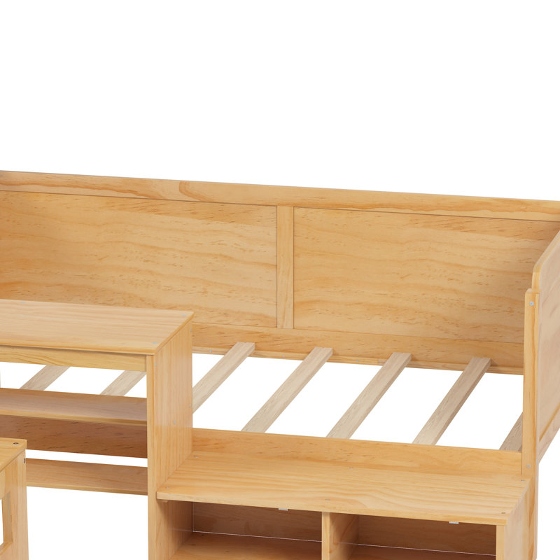 Lit de jour simple en bois avec généreuses tablettes et casiers de rangement, tabouret assorti de bureau multifonctionnel, combinaison d'apparence naturelle