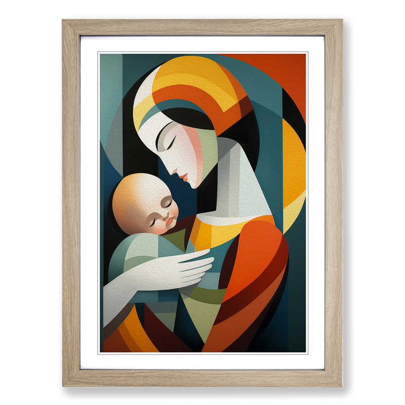 XYZ-FRM-V1223-4559 Mother and Baby Constructivism No.2 1 Piece Single Picture Frame Wall Art, 46cm H x 34cm W x 2cm D, Oak