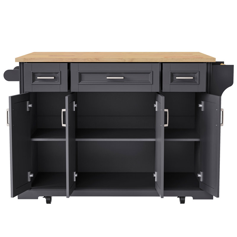 54" Large Rolling Kitchen Island With Drop Leaf, Mobile Kitchen Island With 4 Doors And 3 Drawers, Wooden Kitchen Cart On Wheels For Kitchen, Dining Room, Black