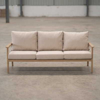 Canapé d'extérieur en aluminium avec finition grain de bois, dossier tissé en textilène et coussins