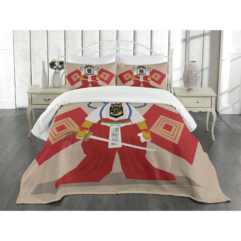 Ambesonne Kabuki Bedspread Set Eastern Actor Stage Multicolor, Queen Bedspread + 2 Standard Shams