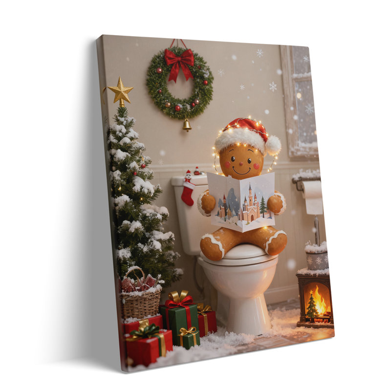«P&L Art Gingerbread Man Christmas», art mural sur toile, décor festif avec chapeau de père Noël et lumières, reproduction sur toile encadrée