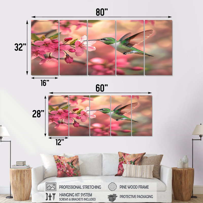 Colibri et fleurs - décoration murale oiseau - art mural moderne, H 28 po x l 60 po, 5