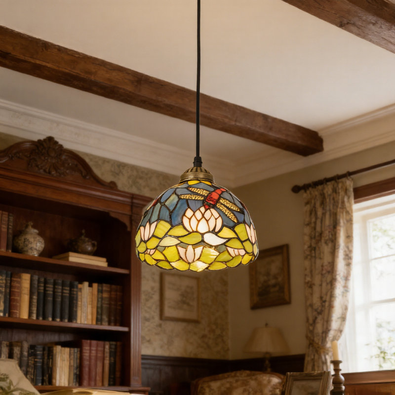 31.5" Dragonfly & Lotus Stained Glass Pendant Light, Antique Bronze Iron Frame, E26 Bulb Included