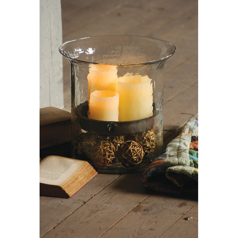  Extra Large Glass Candle Holder with Rustic Metal Insert, 12.5'' H x 12.5'' W x 12.5'' D