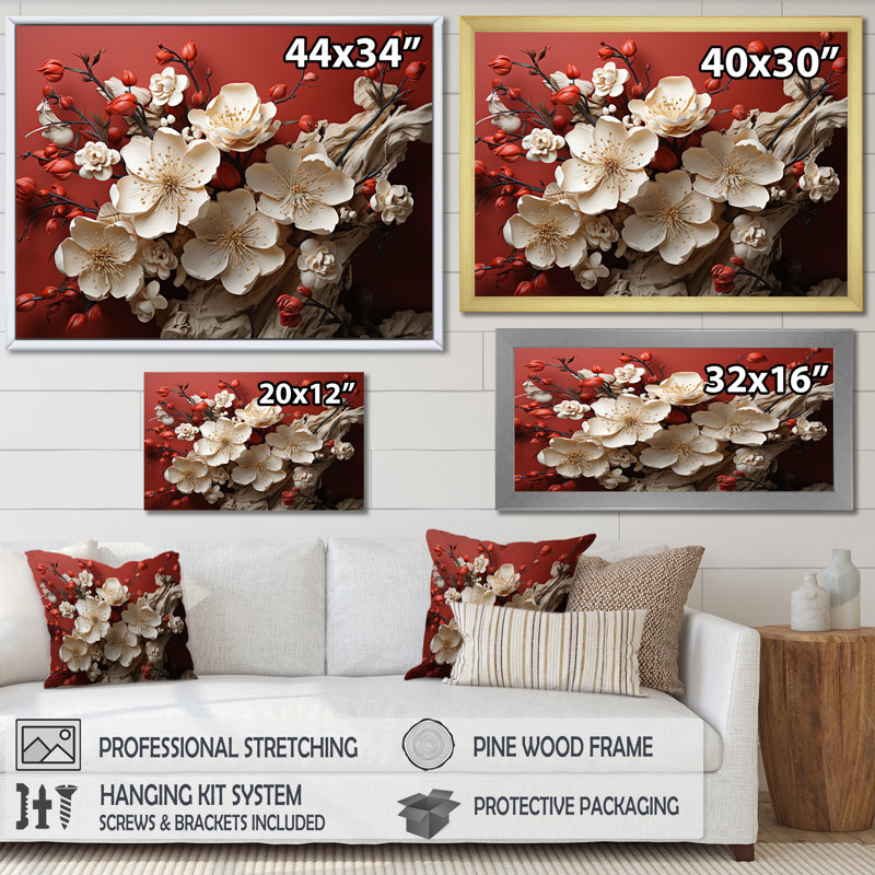 Orchidée blanche et rouge, branches de fleur V - art mural floral abstrait, H 24 po x l 32 po x P 1 po, Cadre flottant blanc