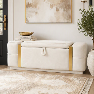 Modern Storage Ottoman Bench with Velvet Upholstery and Gold-Toned Metal Accents