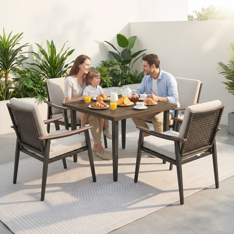 Ensemble repas d'extérieur pour 4 personnes, 4 chaises en rotin avec coussins et table de salle à manger de 37 po